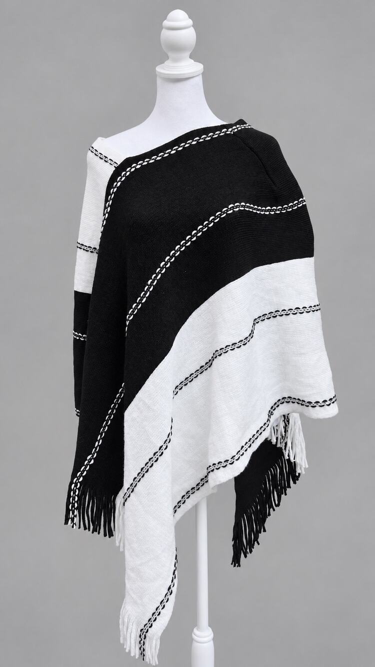 Chico’s Black White Colorblock Knit Poncho S/M Fringe Contrast Stitch Trim